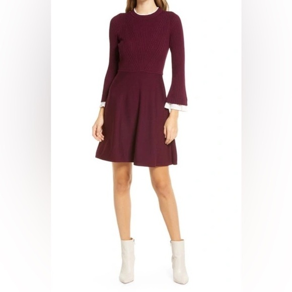 Eliza J Dresses & Skirts - Eliza J Long Sleeve Fit Flare Sweater Mini Dress Frilly Cuffs Burgundy Size XL